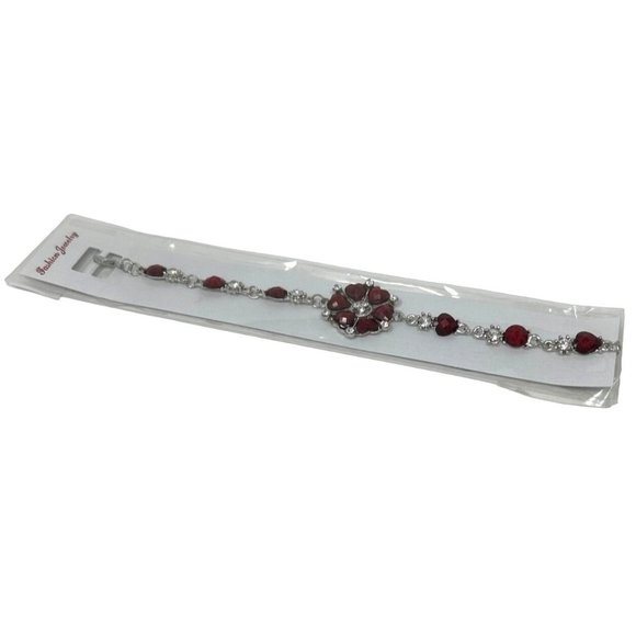Charming Charlie Bracelet - Silver Plated Chain, Faux Garnet Stones and Rhinesto - Picture 1 of 5